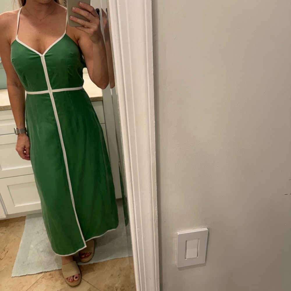 Chic Green Midi Dress with White Trim